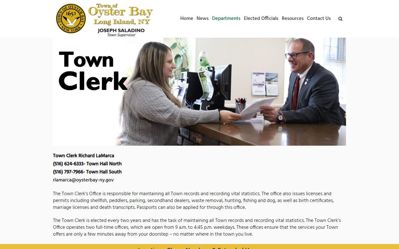 Oyster Bay Town Clerk website showing marriage record services