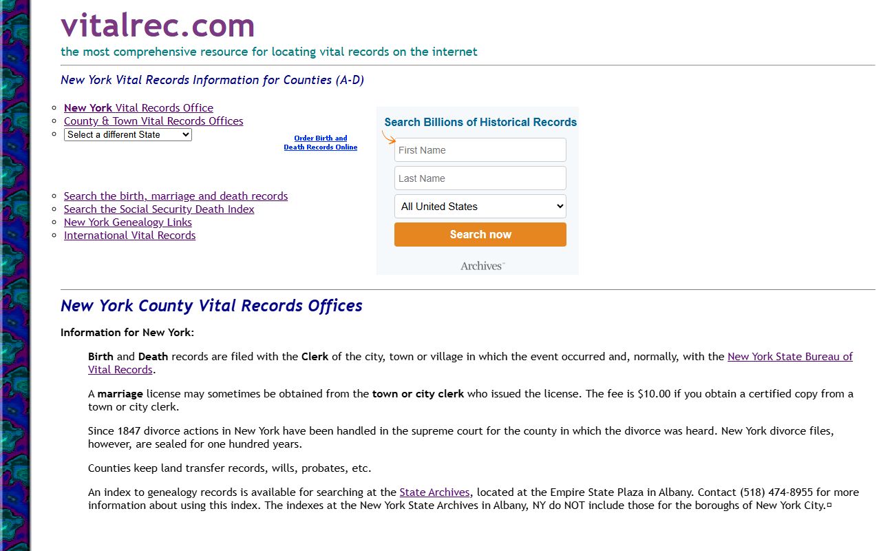 Albany County vital records page for marriage records