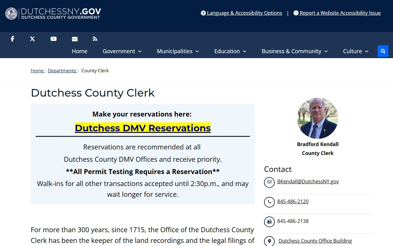 Dutchess County Clerk official website showing marriage records services