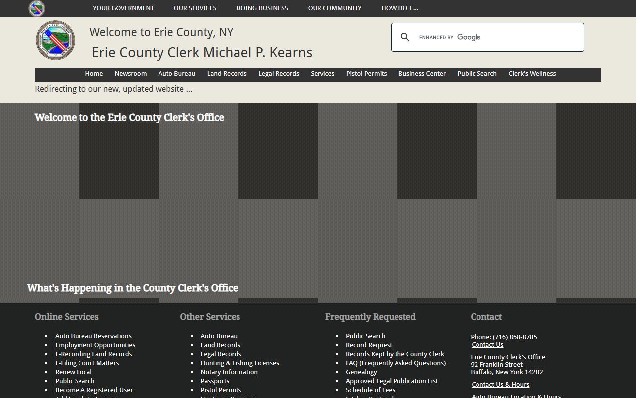 Erie County Clerk official website showing marriage records and recording services