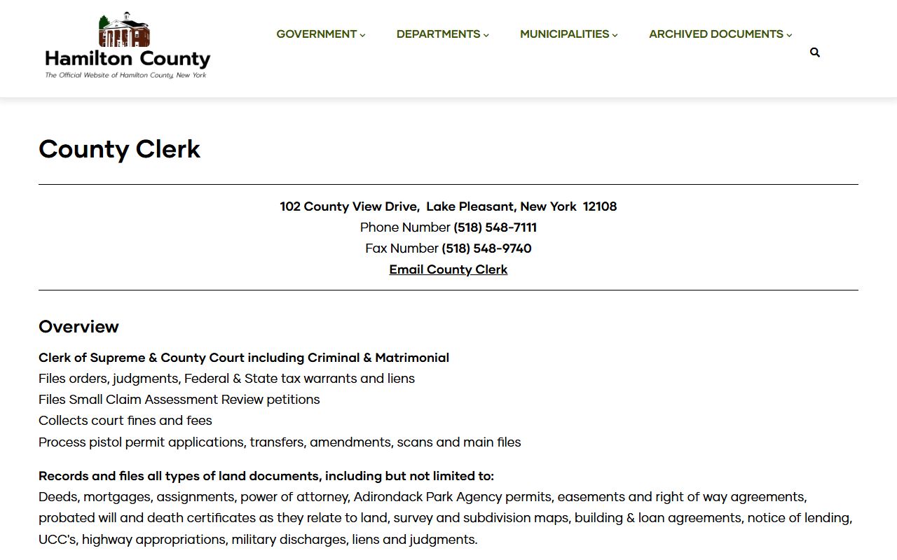Hamilton County Clerk official website showing land records services