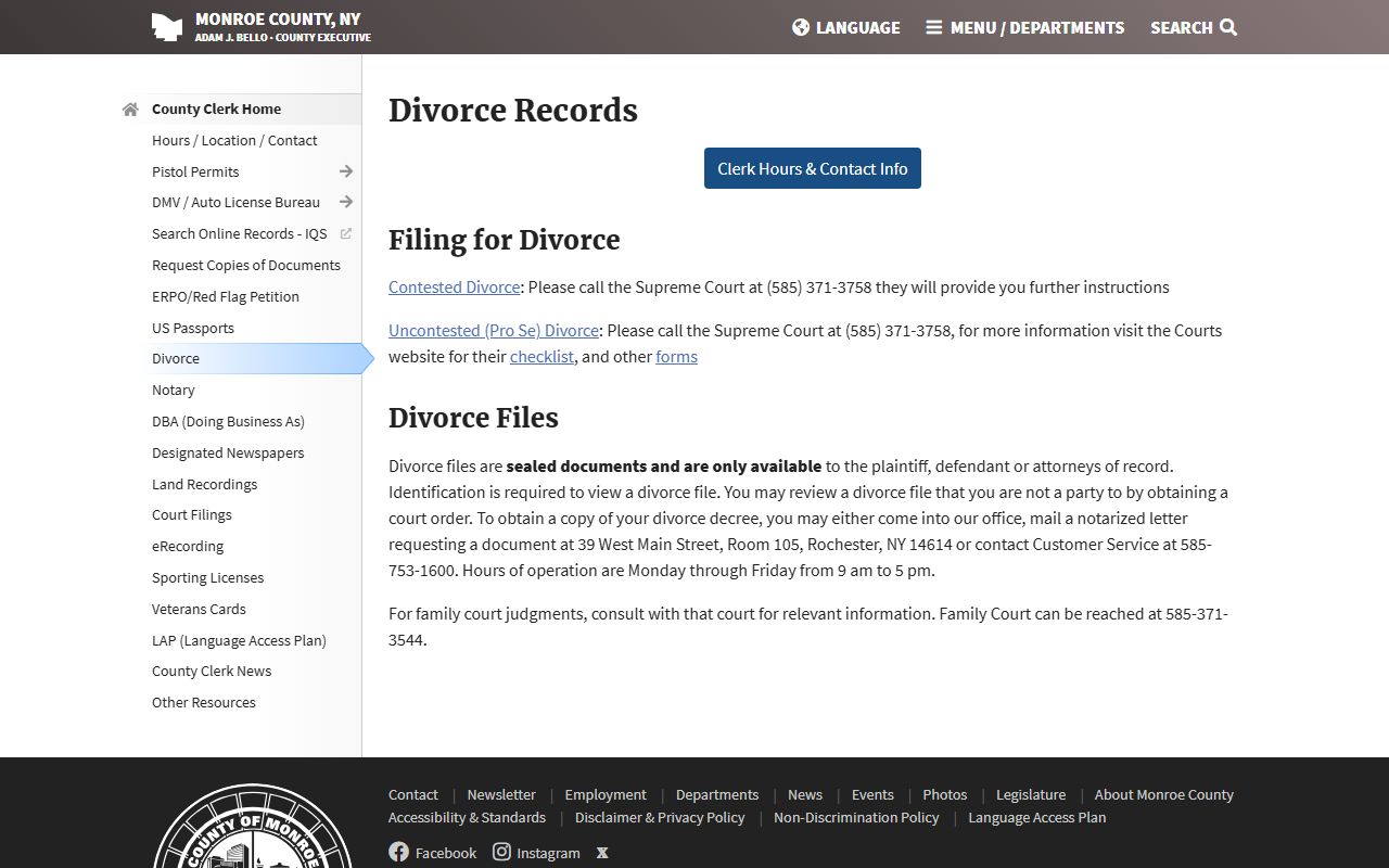 Monroe County Clerk office page showing marriage record information