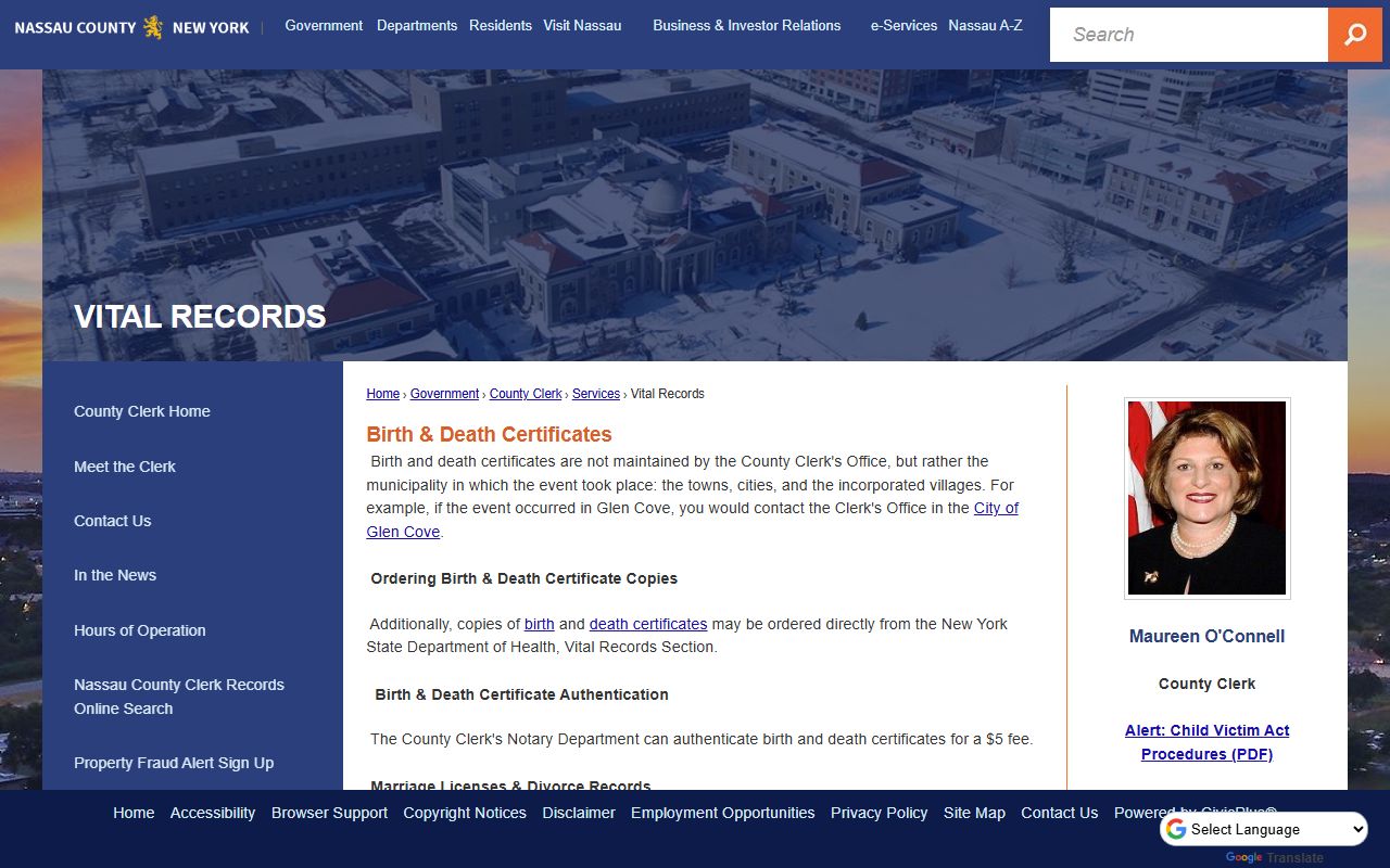 Nassau County Clerk vital records page showing marriage record services