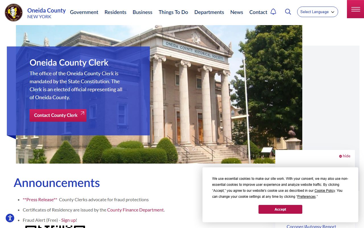 Oneida County Clerk official website showing marriage record services