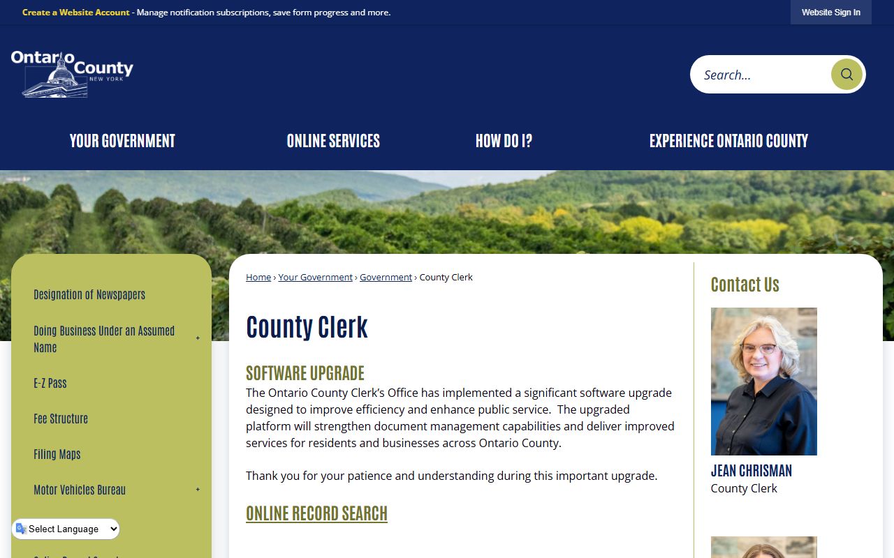 Ontario County Clerk official website showing clerk services