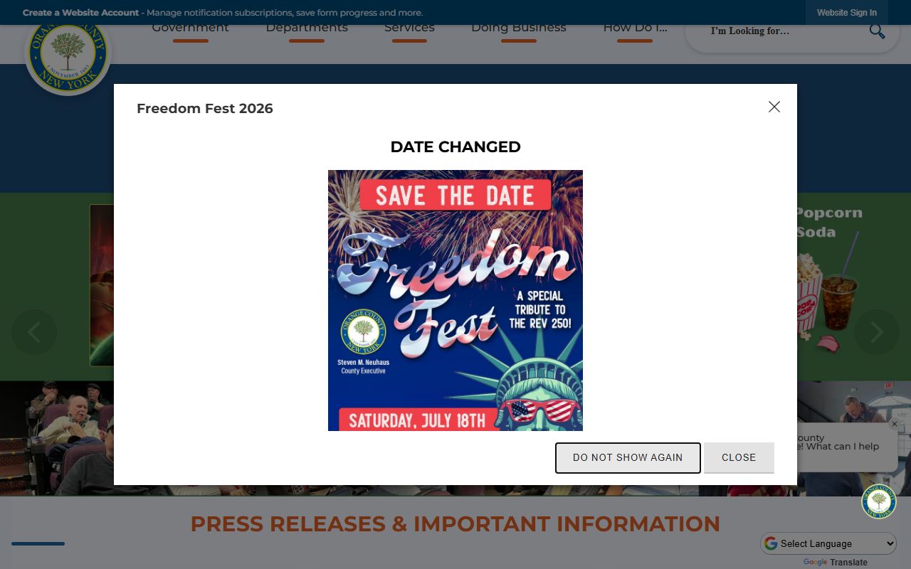 Orange County Government website showing county clerk services