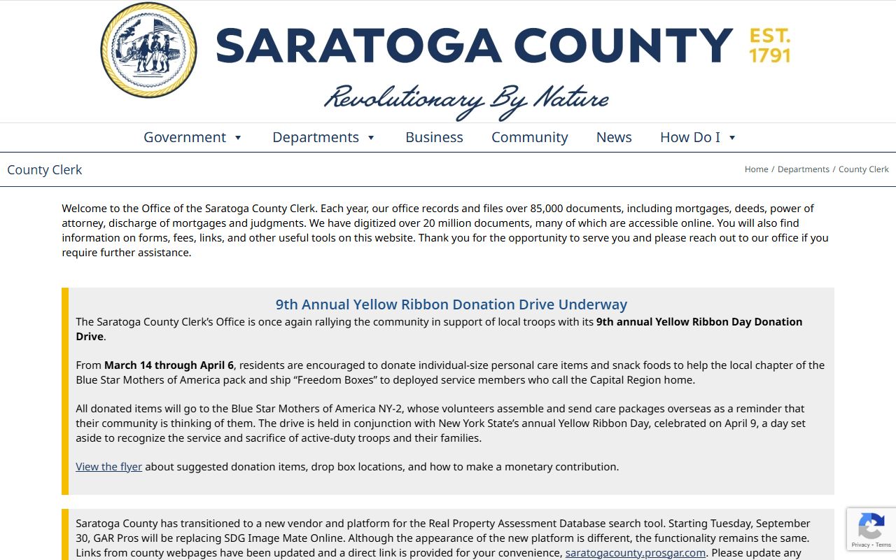 Saratoga County Clerk website with recording services information