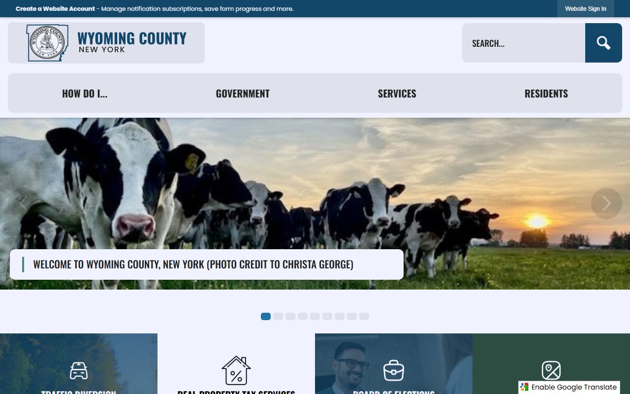 Wyoming County Clerk website showing county services and contact information