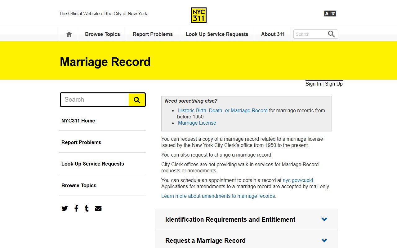 NYC311 marriage records request portal