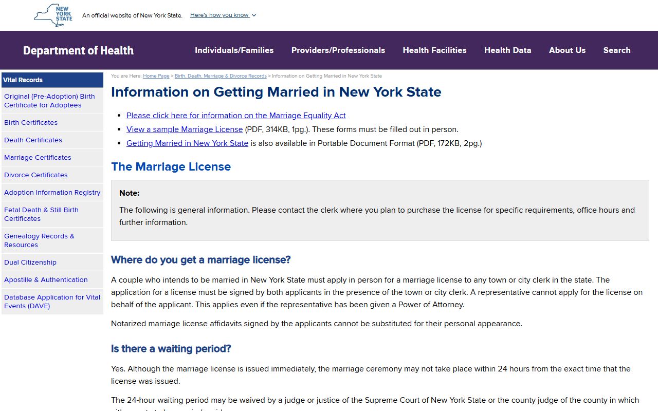 NY.Gov marriage services portal for New York State