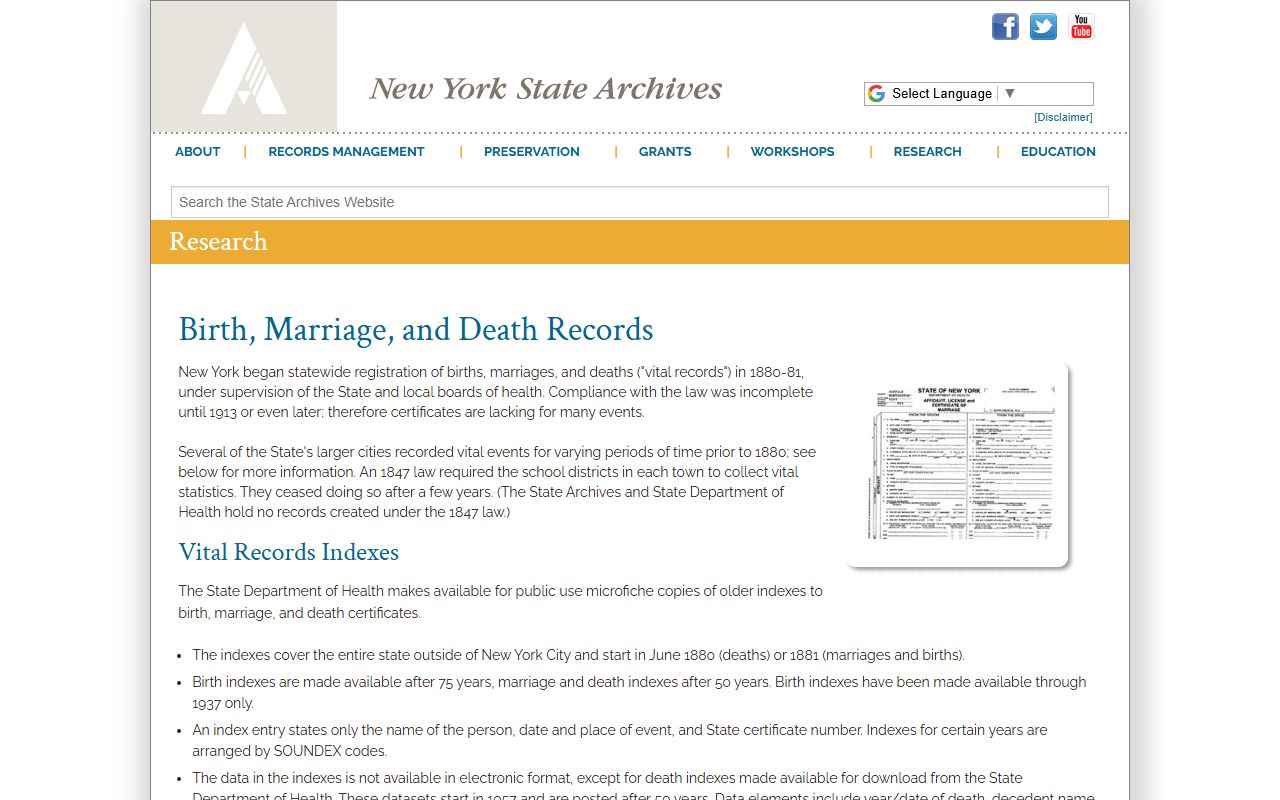 New York State Archives vital records research page