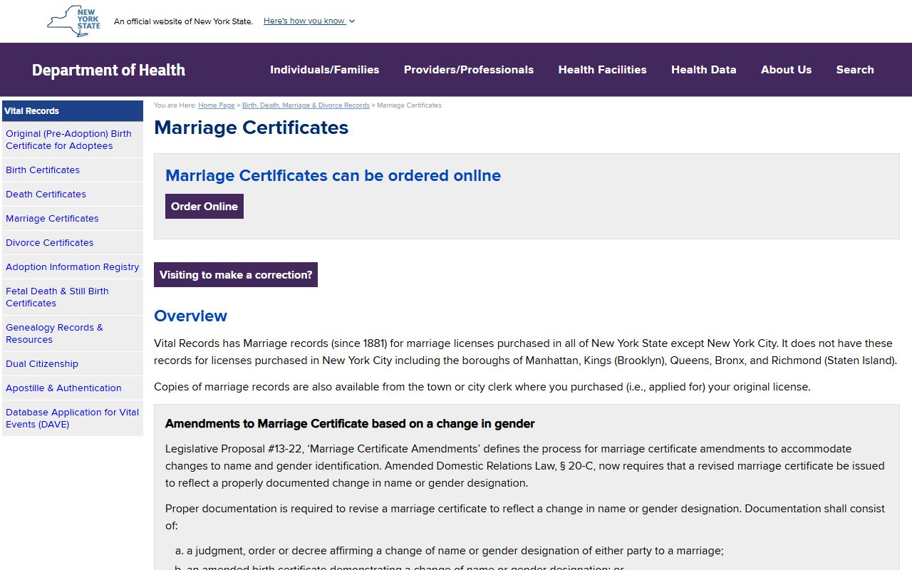 New York State Department of Health marriage records portal