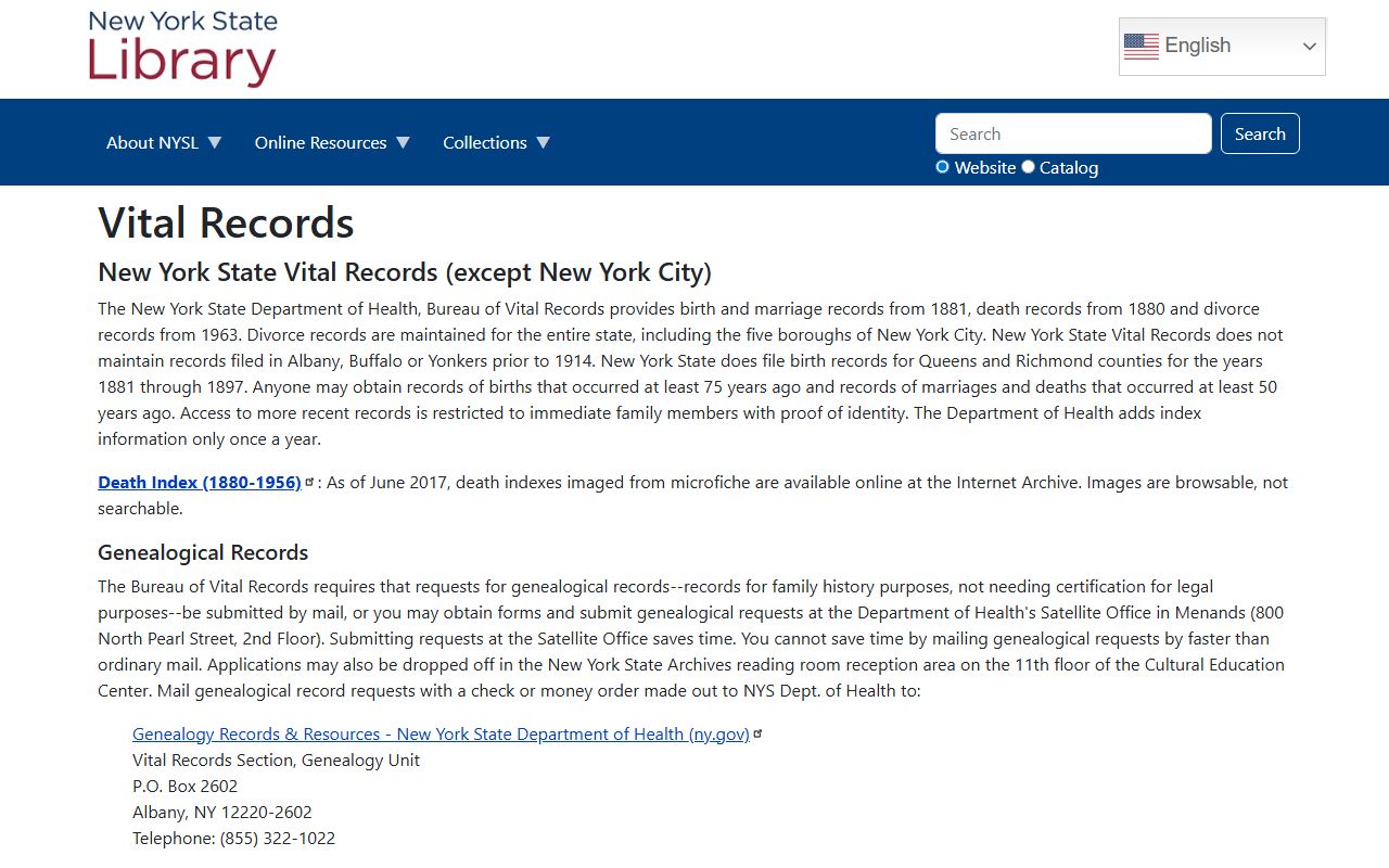 New York State Library vital records research page
